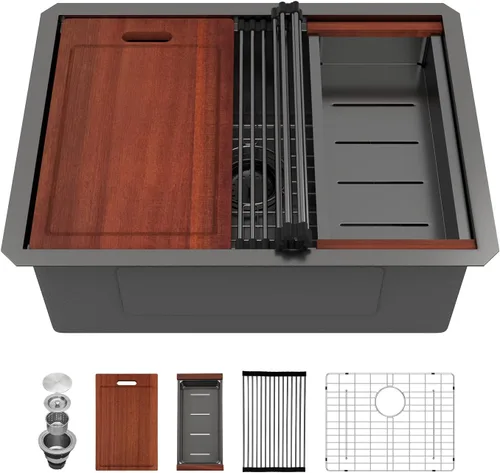 Vista 19 de Sarlai Fregadero de cocina empotrado de 30 pulgadas dorado - Fregadero de cocina de 76,2 cm x 45,7 cm con repisa para estación de trabajo de acero