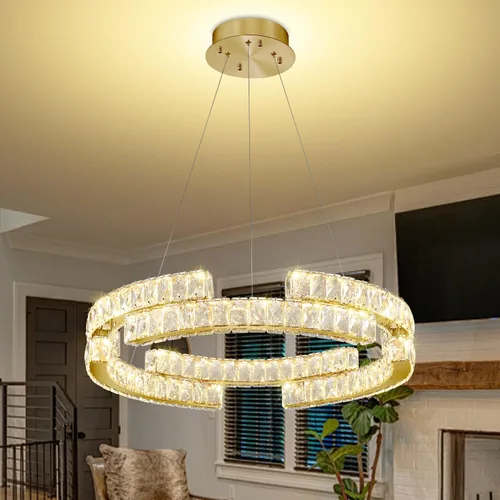 Vista 12 de D40''+D27.5''+D15.7'' Moderna lámpara de araña de oro de 3 anillos de cristal para sala de estar, luz colgante de cristal, entrada de vestíbulo Oro