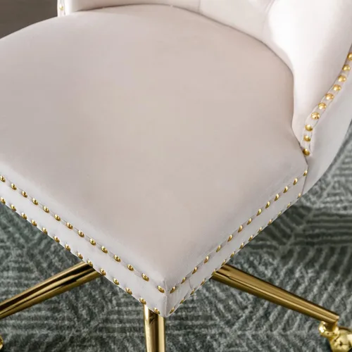 Vista 4 de SSLine Elegante silla de escritorio de terciopelo para niñas y mujeres, silla giratoria copetuda para computadora de oficina con ruedas, moderna
