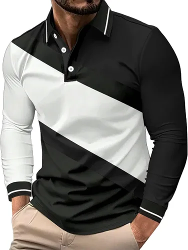 Vista 27 de Camisa polo para hombre, manga larga, cuello abotonado, bloque de color, moda para trabajo y golf