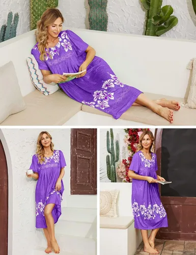 Vista 2 de Bloggerlove Camisón hawaiano para mujer, vestido de casa hawaiano Muumuu con estampado de tumbona, vestido de patio con bolsillos Moomoo
