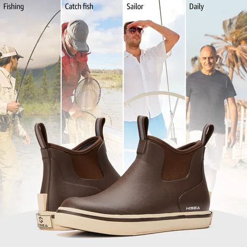 Vista 7 de HISEA Botas de cubierta para hombre, botas de pesca de agua salada, impermeables, botas de lluvia de alta tracción