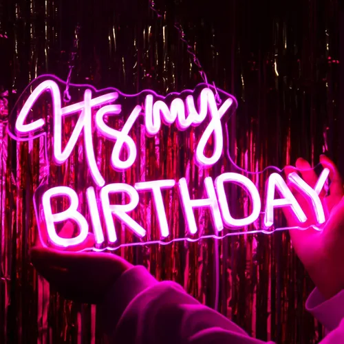 Vista 3 de Planzo Letrero de luz LED de neón con texto en inglés "It's My Birthday", letrero de pared para decoración de ventana, letrero USB para dormitorio