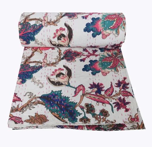 Vista 2 de YUVANCRAFTS Edredón Kantha con estampado de pájaros