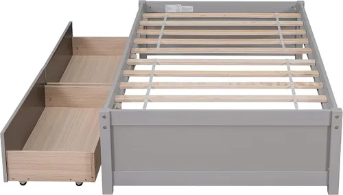 Vista 5 de HomSof Cama individual con 2 cajones, madera maciza, no necesita somier, gris