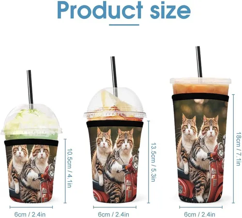 Vista 2 de Two Funny Cats Driving A Motorcycle Reusable Insulated Neoprene Iced Coffee Cup Sleeves 3 Sizes Diving Material Cup Durable Beverage Covers for Cold