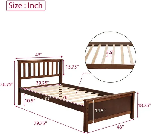 Vista 2 de Twin Bed, Premium Platform Bed Frame with Strong Wood Slat Support, Easy Assembly, No Box Spring Needed (Walnut)