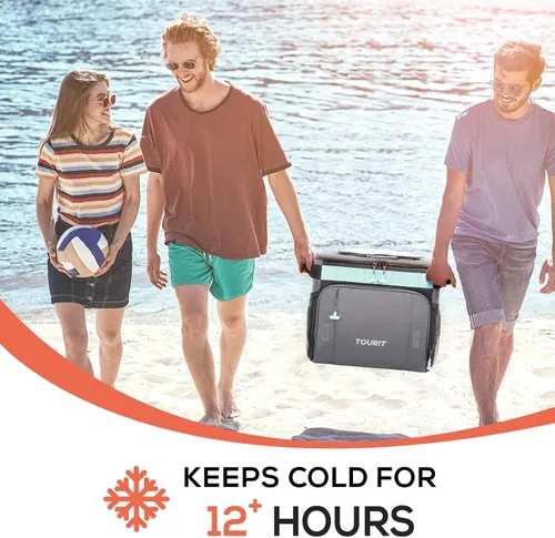 Vista 4 de TOURIT Enfriador plegable para 50 latas, a prueba de fugas, con ruedas y carrito todo terreno para playa, campamento, patio, viajes, al aire libre