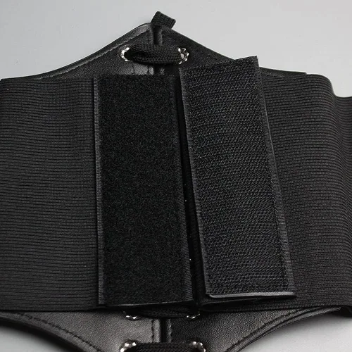 Vista 5 de Negro elástico mujeres atado Waspie corsé cintura cinturón PU cuero adelgazamiento cuerpo cintura superior bajo busto Cinch vestido Faja cordón