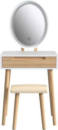 Vista 8 de Juego de mesa de maquillaje YOURLITE con espejo iluminado ajustable de 3 modos, taburete acolchado, mueble tocador para espacios pequeños Juego