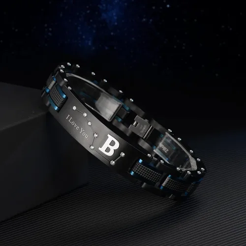 Vista 22 de Pulsera de dos tonos de acero inoxidable para hombre, chapado en iones negro y azul, regalo para hombres, marido, padre