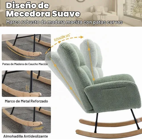 Vista 3 de Mecedora de cuarto de bebé con asiento deslizante tapizado en estilo oso de peluche, con respaldo alto, sillón acento con cómodo bolsillo lateral