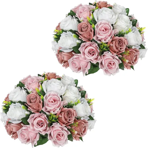Vista 8 de Briful Bolas de flores artificiales para centros de mesa, 2 piezas de 8.6 pulgadas, arreglo floral de rosas de seda con base de plástico, ramo Azul