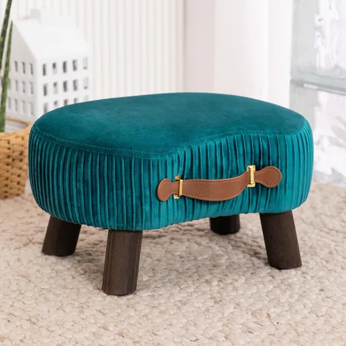 Vista 11 de LUE BONA Taburete pequeño curvado con asa, reposapiés de terciopelo beige y otomanos, moderno reposapiés con patas de madera, taburete con asiento