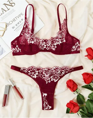 Vista 4 de KaeiShi Conjuntos de brasier sexy y bragas conjunto de lencería bordada de dos piezas con aros