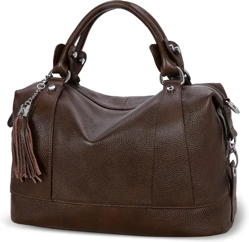 Vista 19 de Heshe Bolsos de hombro de cuero genuino para mujer, bolsos satchel, bolsos bandolera de cuero real para damas Beige