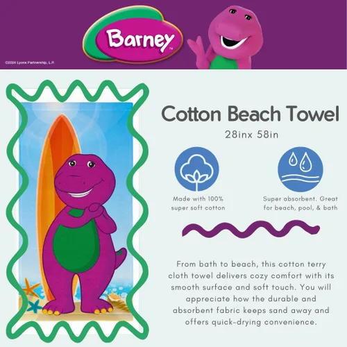 Vista 3 de Barney Classic - Toalla de baño de algodón súper suave para niños, 58 x 28 pulgadas, (producto oficial con licencia) Franco
