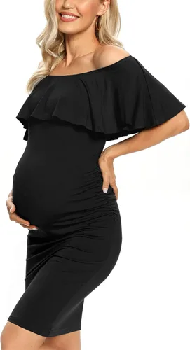Vista 2 de Vestido de maternidad ajustado con volantes y hombros descubiertos, vestido de embarazo formal para baby showerfotografía