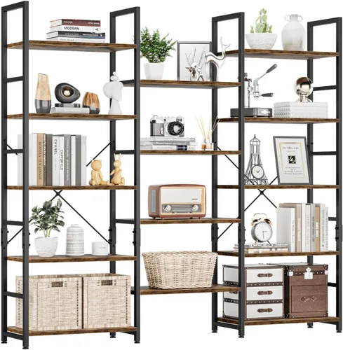 Vista 7 de NUMENN Estantería Triple Ancha de 5 Niveles, Librerías y Estanterías de Estilo Industrial Rústico con 14 Estantes de Exhibición Abiertos, Muebles