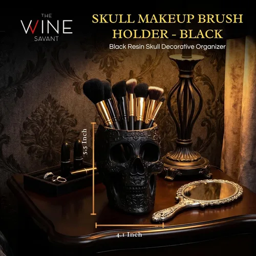 Vista 2 de Soporte para brochas de maquillaje de calavera, soporte para bolígrafos, tocador, escritorio, organizador de oficina, estacionario, maceta Negro