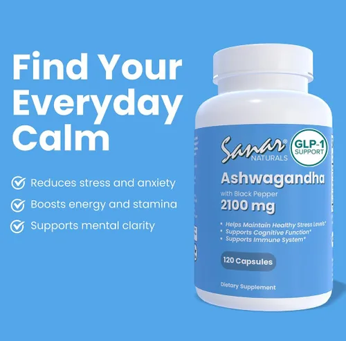 Vista 3 de Sanar Naturals Ashwagandha 2100 mg - Suplemento para el estrés y el estado de ánimo - Promueve la calma, la concentración y la energía sostenida