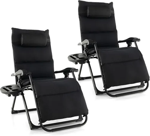 Vista 11 de Giantex Silla Zero Gravity con cojines de patio, silla reclinable plegable ajustable con almohada y soporte para tazas, sillón reclinable de césped