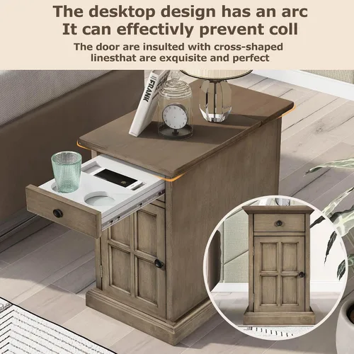 Vista 7 de Mesa auxiliar vintage para sala de estar, mesita de noche multifuncional con puertos USB y cajón con portavasos (marrón antiguo/USB*)