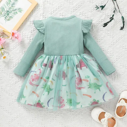 Vista 3 de Toddler Rib Princess Dress Floral Print Tulle Long Sleeve Baby Girls Ruffle Long Sleeve Round Neck Buttons Elegant Clothes