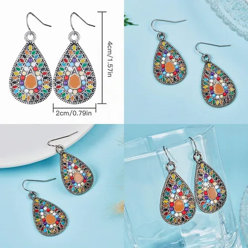 Vista 5 de 4 pares de aretes bohemios vintage, aretes colgantes, accesorios de joyería para mujer