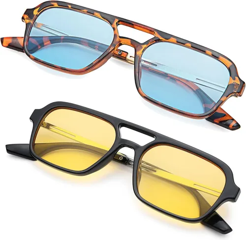 Vista 4 de Hycredi Lentes de sol planos estilo aviador retro de los años 70, gafas cuadradas vintage de moda para mujeres y hombres, diseño de metal, sombras