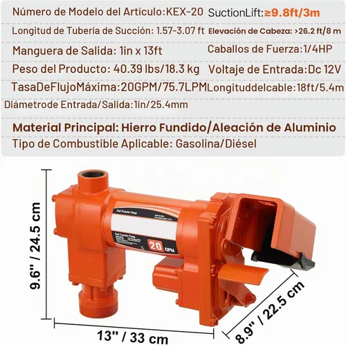 Vista 7 de VEVOR Bomba de transferencia de combustible, 12 V CC 20 GPM 1/4 HP, bomba extractora de gasolina con boquilla automática, manguera de descarga