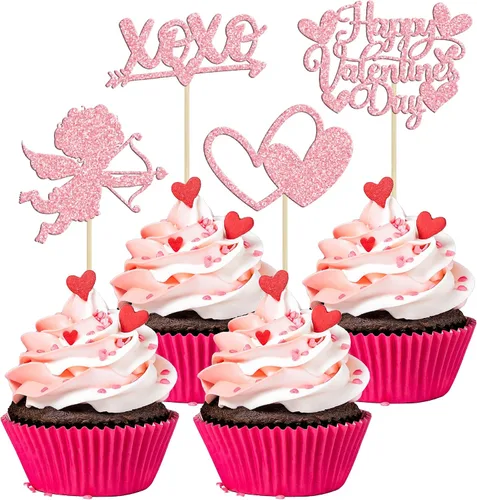 Vista 8 de Ephlyn 24 adornos para cupcakes con purpurina para el día de San Valentín, dulce amor, corazón, día de San Valentín, decoración para cupcakes