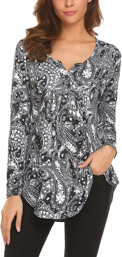 Vista 2 de Blusa de manga larga con estampado floral Henley cuello en V, plisada, casual, acampanada, para mujer