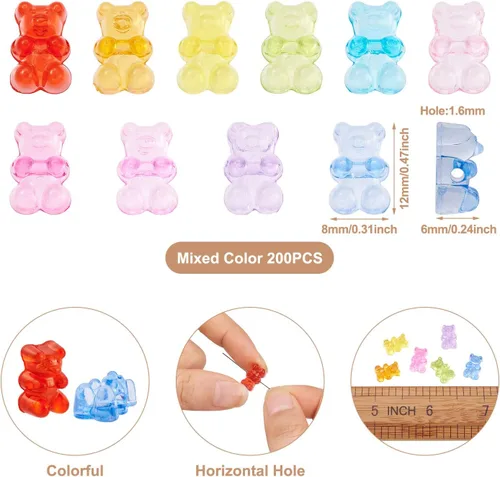 Vista 6 de FASHEWELRY 200 cuentas de oso de acrílico transparente, color mixto, cuentas espaciadoras de oso de gomitas, mini osos lindos granos sueltos a