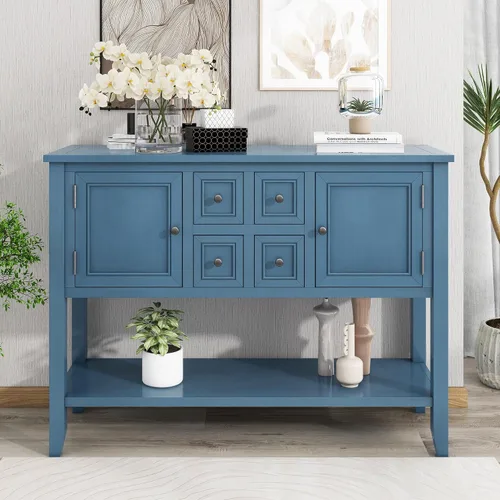 Vista 10 de Merax Mesa de buffet de madera con estante de almacenamiento, 2 cajones y armarios, gabinete de barra de café para sala de estar, comedor, cocina