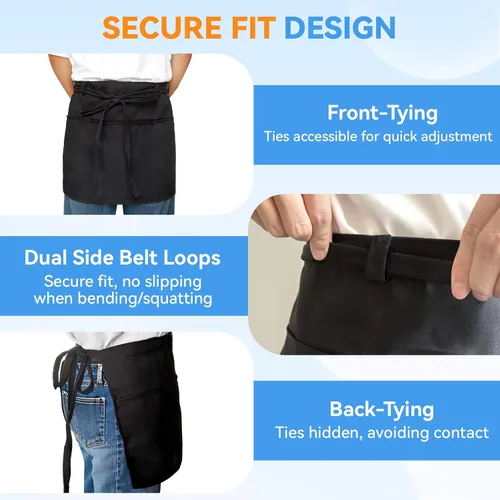 Vista 3 de Delantales de servidor con 3 bolsillos para camarera, cintura de camarera, delantal negro para mujeres y hombres, cocinero, cocina, hornear, 1