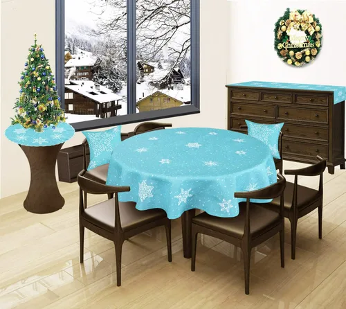 Vista 3 de Mantel bordado de copos de nieve para Navidad (azul claro, redondo de 70 pulgadas)