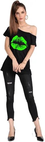 Vista 40 de MAGICMK - Camiseta casual para mujer, con estampado de labios y hombro descubierto, talla extragrande