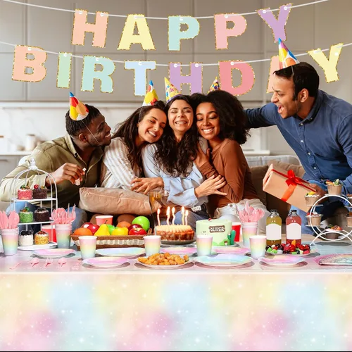 Vista 7 de Teling 172 piezas de decoraciones de cumpleaños de arcoíris, platos de arcoíris pastel, platos de cumpleaños y servilletas para 24, mantel de papel