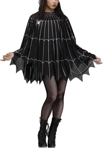 Vista 3 de Capa de Halloween para mujer, poncho gótico de telaraña para cosplay, escenario, fiesta, disfraz de Halloween para mujer Negro
