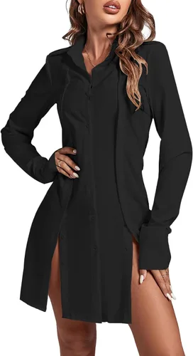 Vista 3 de LYANER Minivestido camisero de manga larga con botones y cuello de solapa para mujer