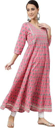 Vista 6 de Janasya Kurta acampanada con estampado de bloques de algodón rosa para mujer india