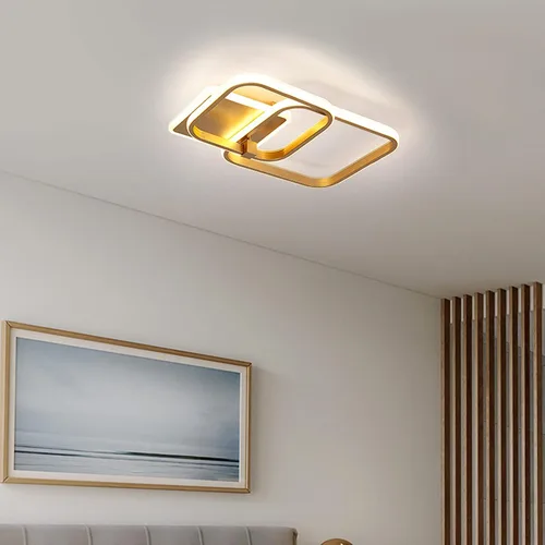 Vista 8 de Lámpara de techo LED moderna, lámpara de techo de montaje empotrado de 50 W, lámpara de techo cuadrada geométrica dorada para sala de estar