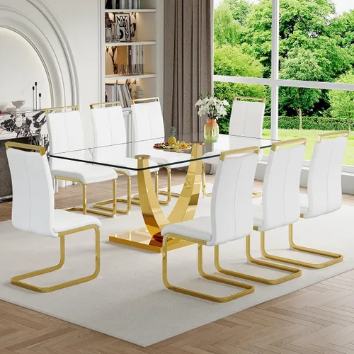 Vista 28 de Juego de mesa de comedor de cristal de 63 pulgadas para 4, mesa de comedor para 4, mesa de comedor con patas y base de acero inoxidable, sillas