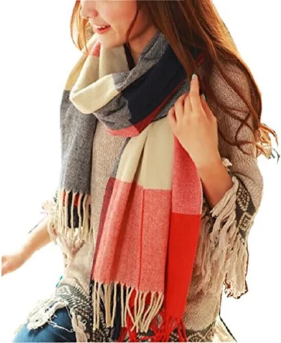 Vista 18 de Wander Agio Chal Largo de Moda para Mujer con Cuadrícula Grande, Bufanda Grande Cálida de Rejilla para Invierno Beige