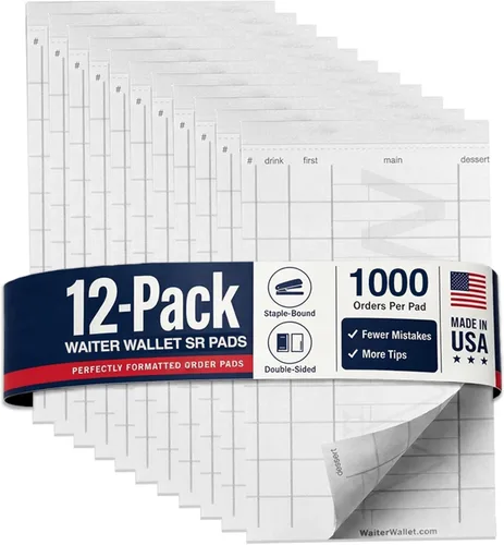 Vista 10 de Waiter Wallet Jr. Pads Paquete de 12 blocs de notas de invitados Bloc de notas perforado y grapado de doble cara para servidor de restaurante