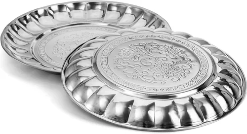 Vista 4 de DEAYOU Paquete de 12 platos redondos de acero inoxidable, platos llanos grandes de 12 pulgadas para comer, bandejas plateadas para servir fiestas
