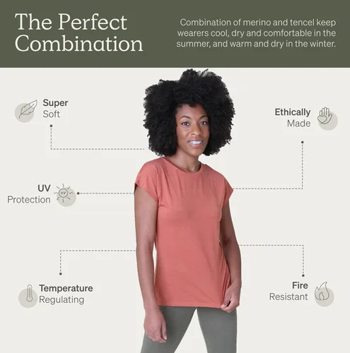 Vista 4 de Nui Organics - Camiseta de lana merino y lirio Tencel para mujer, capa base, tela natural ultrasuave, comodidad durante todo el año, transpirable.