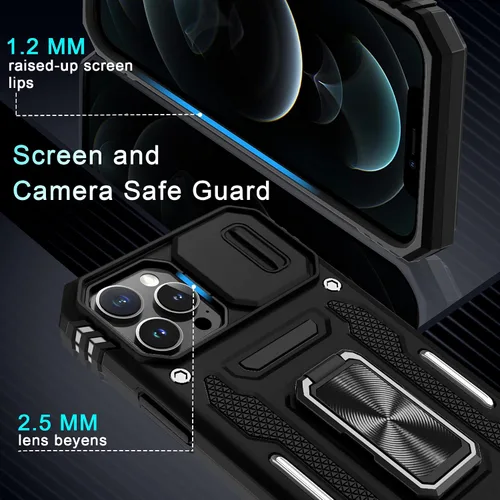 Vista 5 de DEERLAMN Funda para iPhone 13 Pro Max con cubierta deslizante para cámara + protector de pantalla (1 unidad), anillo giratorio con soporte de grado