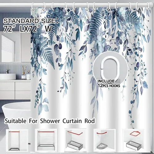 Vista 6 de Cortina de ducha de eucalipto azul, juego de cortinas de ducha de eucalipto con hojas de acuarela impermeables, cortinas de baño de tela con hojas